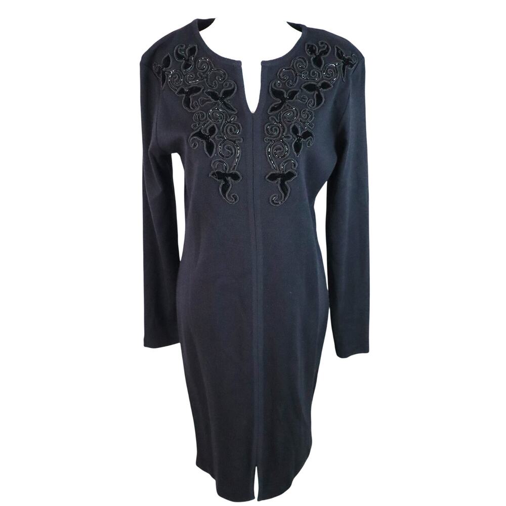 Vintage 90s Black Wool Blend Dress Knee Embroidery Beaded Velvet Floral Medium